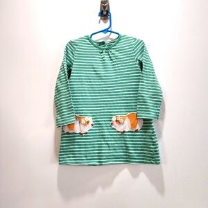 Baby Boden Green And White Striped Dress with Guinea Pig Pockets Size 2-3y